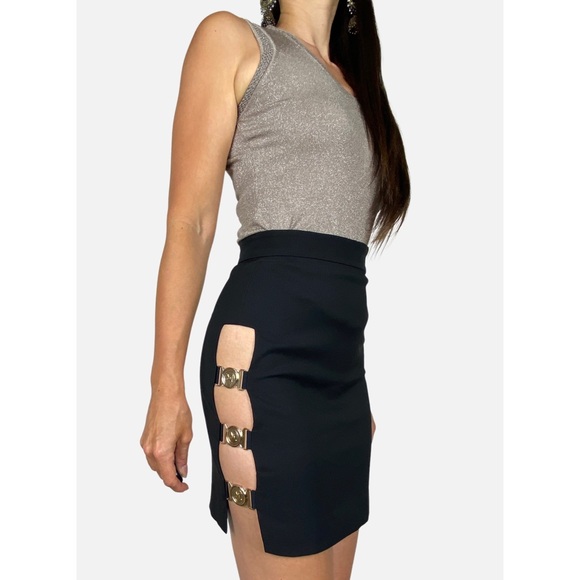 MESHKI Azalea Black Coin Embellished Cut Out Side High Waisted Mini Skirt Sz S 8 - Picture 3 of 9